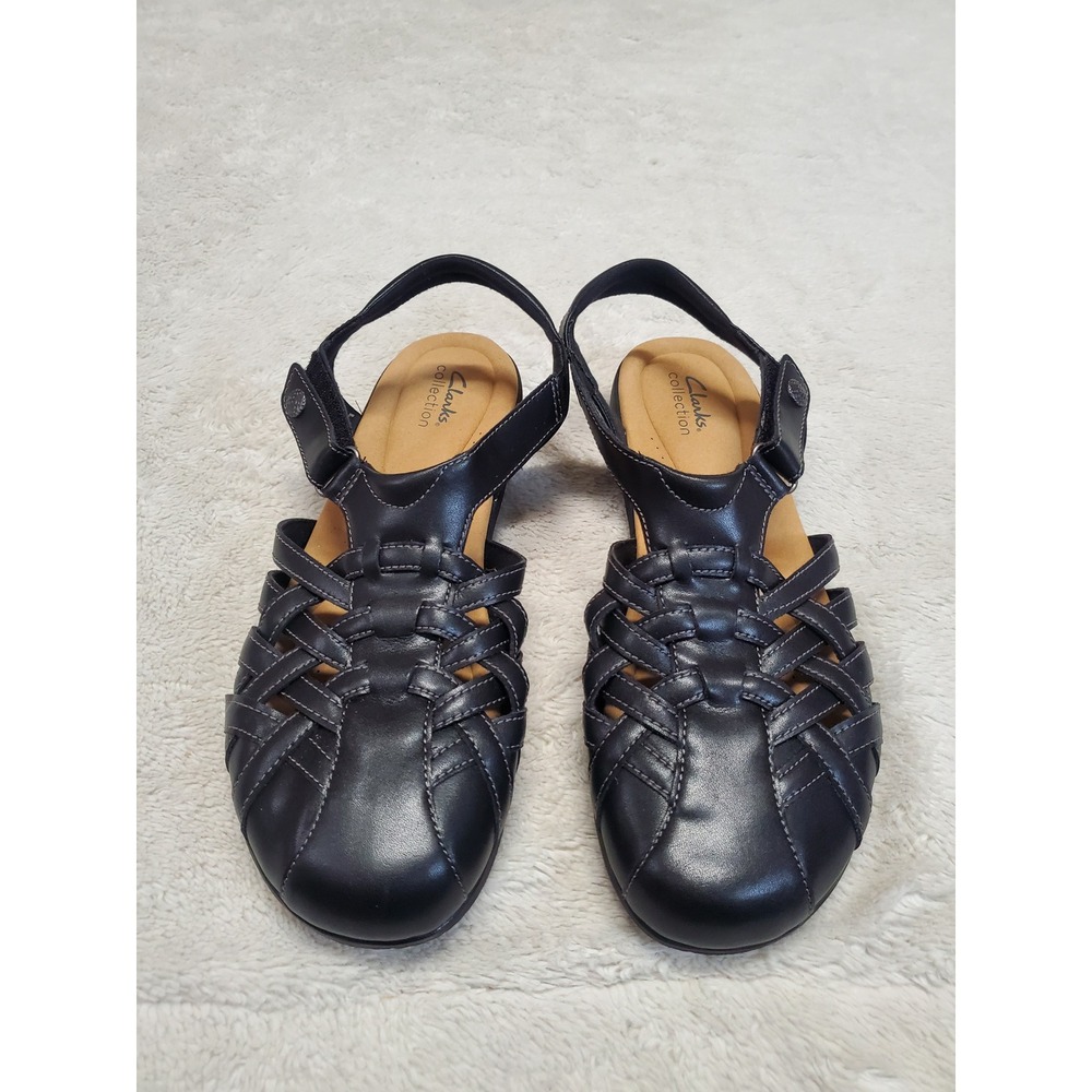 Clarks Black Leather Tan Strappy Classic Casual Boho Woven Sandals 12 Summer